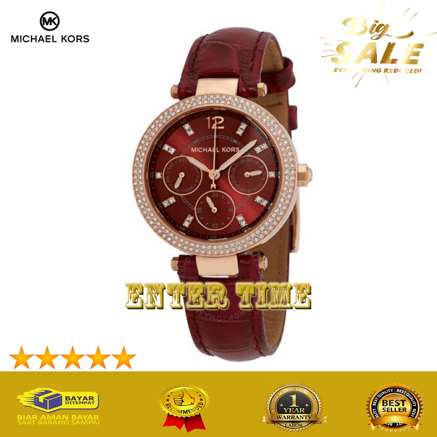 BIG SALE  JAM TANGAN KASUAL WANITA MICHAEL KORS TYPE MK6451 LEATHER STRAP RED DIAL JAM TANGAN GROSIR