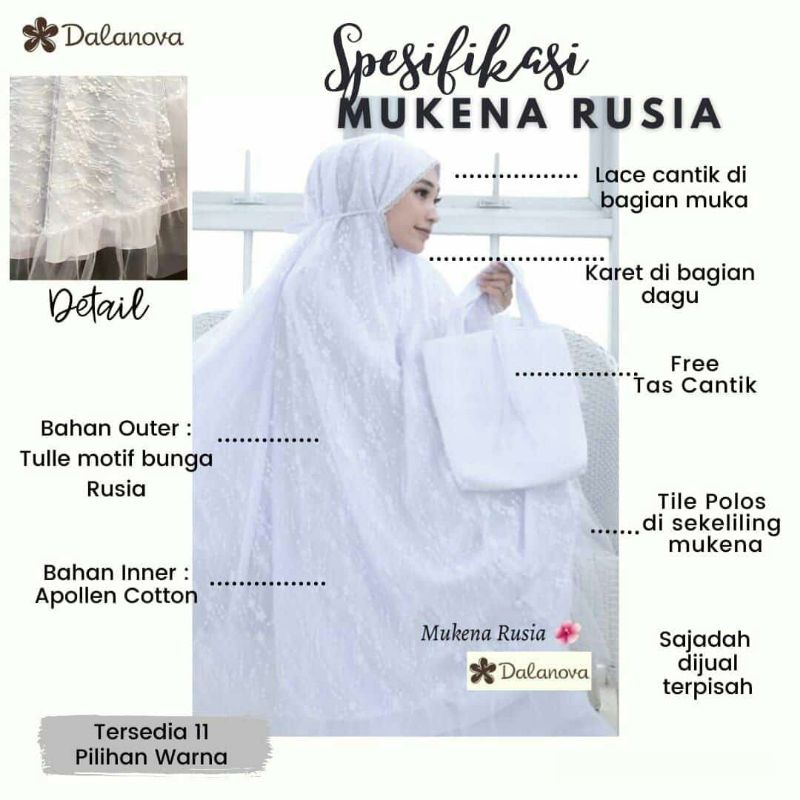 MUKENA RUSIA DALANOVA / MUKENA RUSIA PUTIH READY STOCK