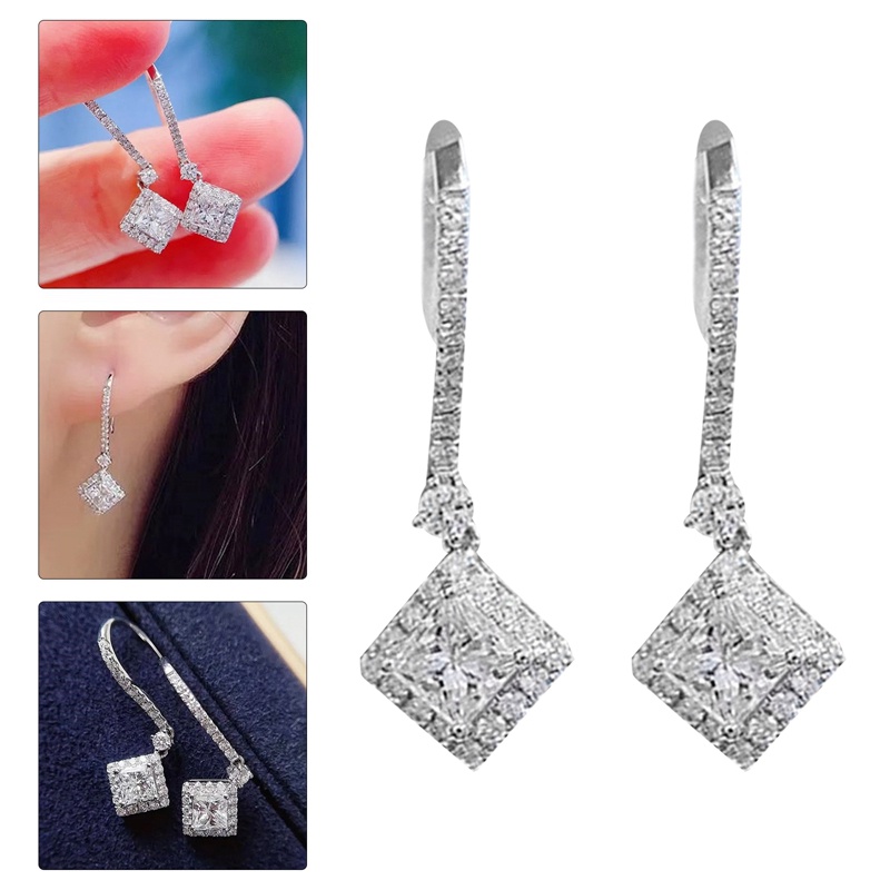 Fancyqube Anting Tusuk Gantung Desain Geometri Hias Cubic Zirconia Warna Silver Untuk Pengantin Wanita