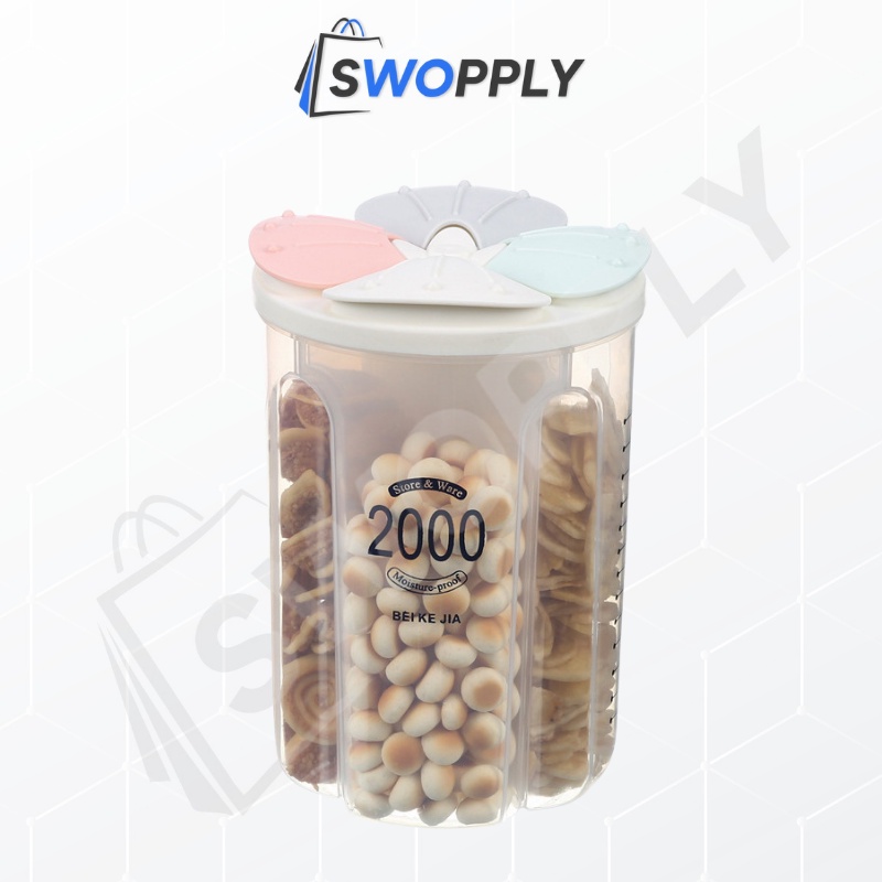 Swopply HL0225 Toples Plastik Transparan 4 Slot Empat Sekat 2000 ML Tempat Penyimpanan Makanan Kering Dapur