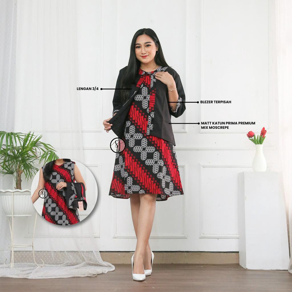 SAROJA | Couple Batik Keluarga Bolero Seno Merah | Dress Wanita Kantor Casual | Couple Natal Keluarga | Couple Natal Pasangan | Dress Natal Jumbo | Baju Natal Couple Keluarga Ayah Ibu Anak
