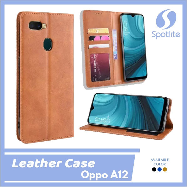 FLIP COVER OPPO A12 LEATHER CASE CASING DOMPET HP KULIT DENGAN CARD HOLDER