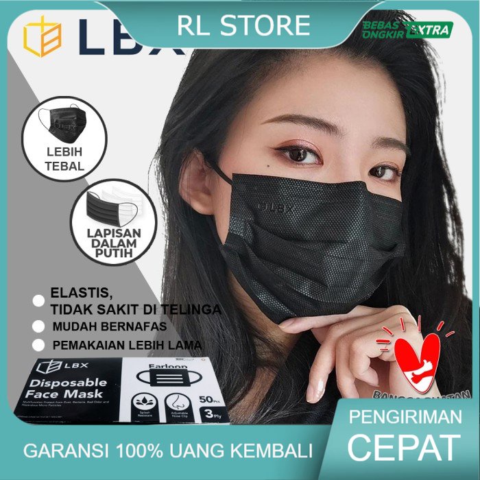 LBX Masker Premium Earloop 3Ply 3 ply Tebal Cantol Hitam Black isi 50