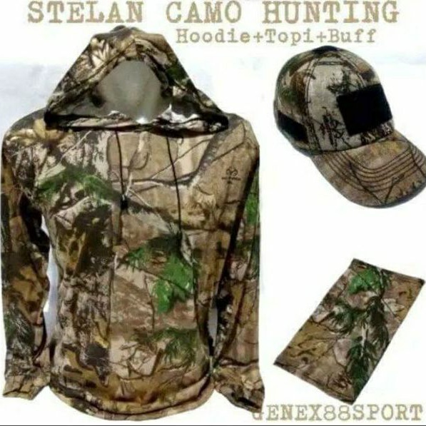 SET BERBURU CAMO HUNTING / KAOS HODIE CAMO + TOPI + BUFF