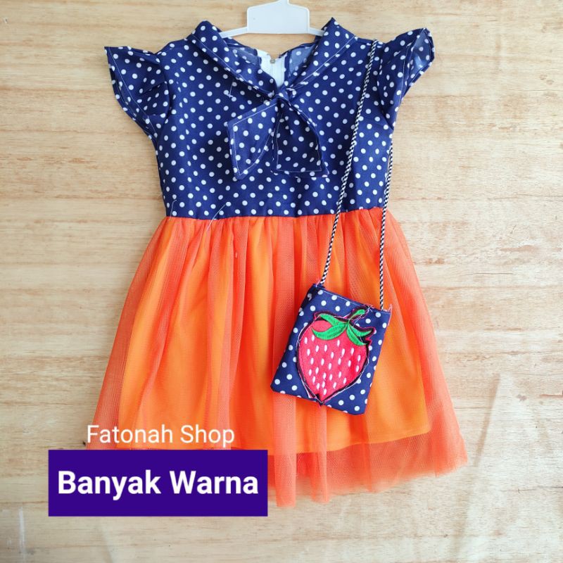 Dress anak cewek 1 2 tahun baju anak perempuan bonus tas kecil ( dress polka TAS )