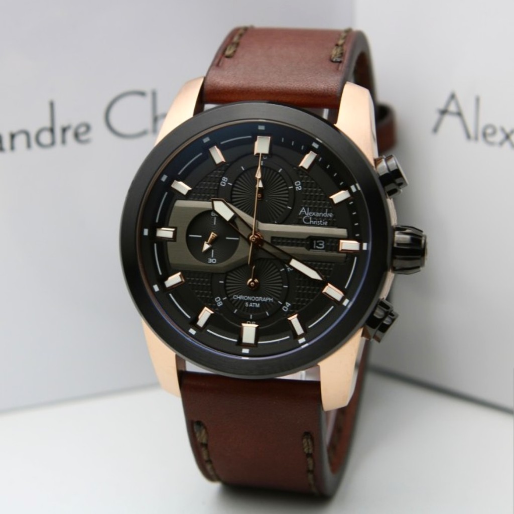 Alexandre Christie Original AC6562 Jam Tangan Pria Tali Kulit Coklat Rosegold