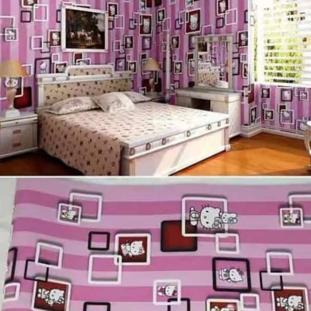 WALLPAPER STIKER DINDING MOTIF HELLO KITTY KOTAK DASAR SALUR PINK