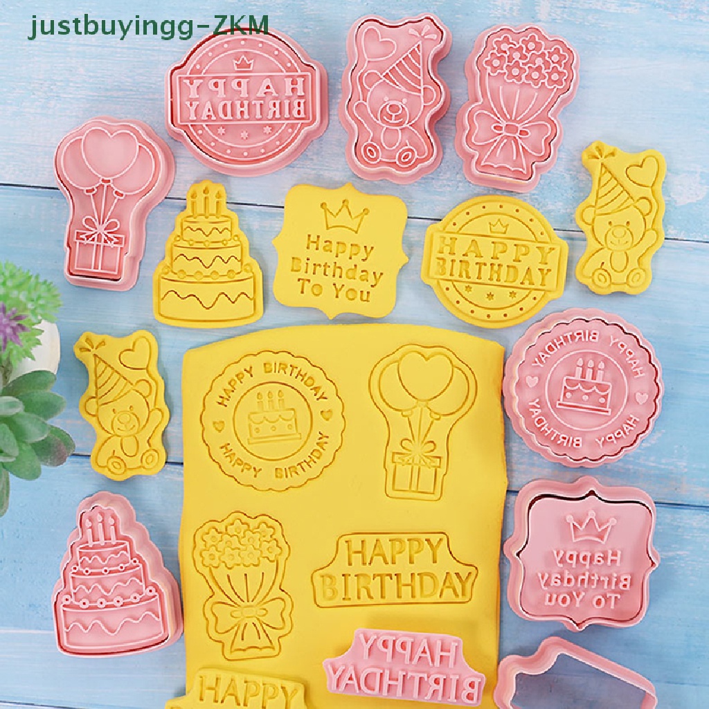 8pcs Cetakan Pemotong Kue Kering Biskuit 3D Bahan Plastik Dapat Ditekan Tema Ulang Tahun