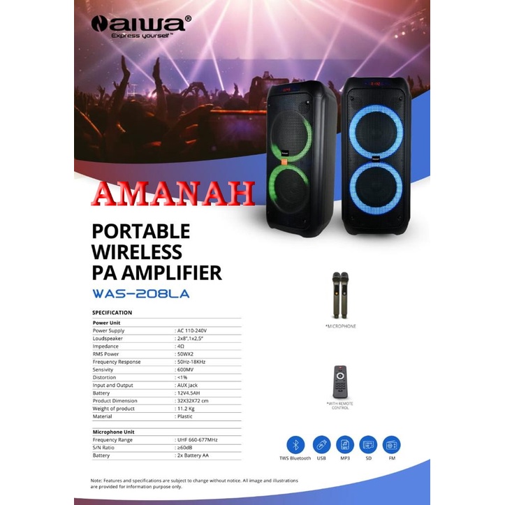 SPEAKER PORTABLE WERELESS  AIWA WAS 208LA 2X8 INCH DOUBLE WOOFER SUPER BASS NEW WAS 208 LA