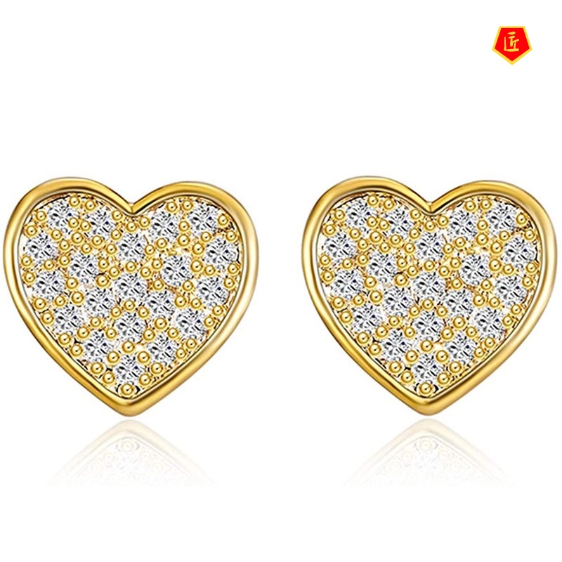 [Ready Stock]18K Gold Micro-Inlaid Diamond Heart-Shaped Ear Studs