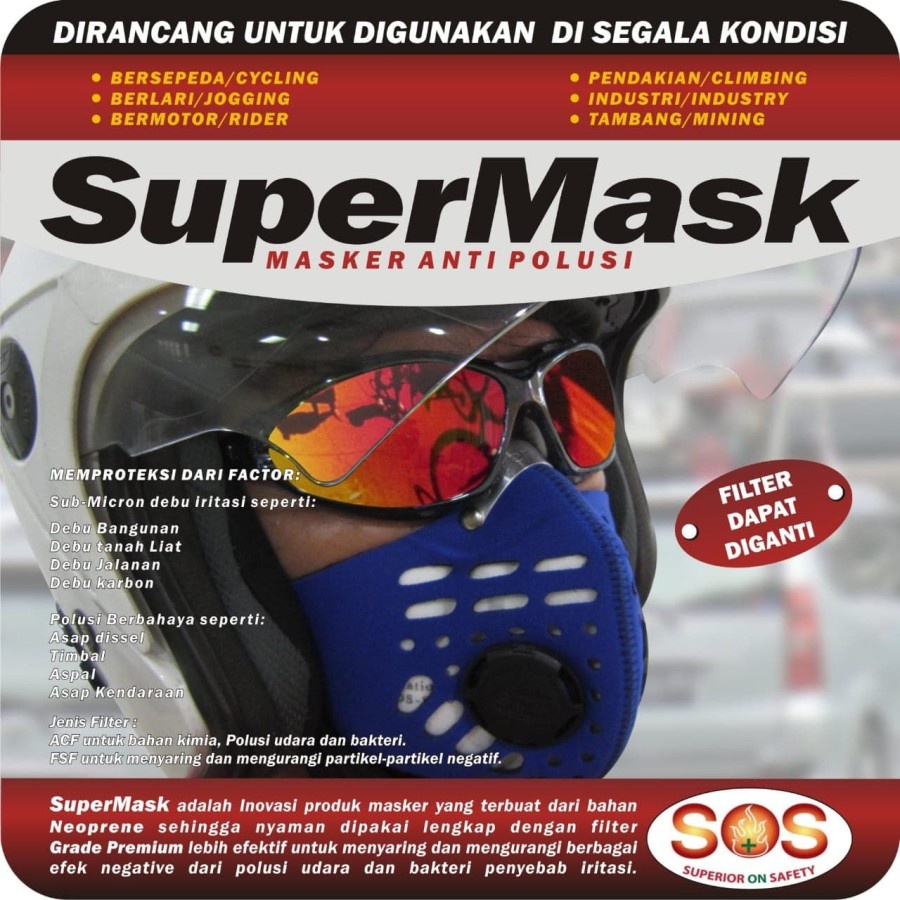 Masker motor virus bakteri Supermask SOS N95 0.3 Micron PM 2.5 ACF