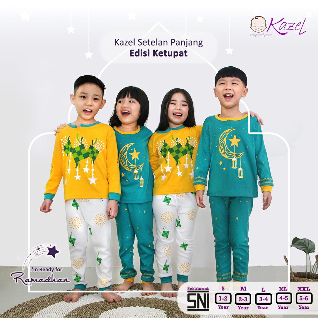 2PCS Kazel Setelan Piyama / Pendek Anak 1-6 Tahun Ketupat Beduk Pakaian Raya Lebaran Muslim Anak CBKS