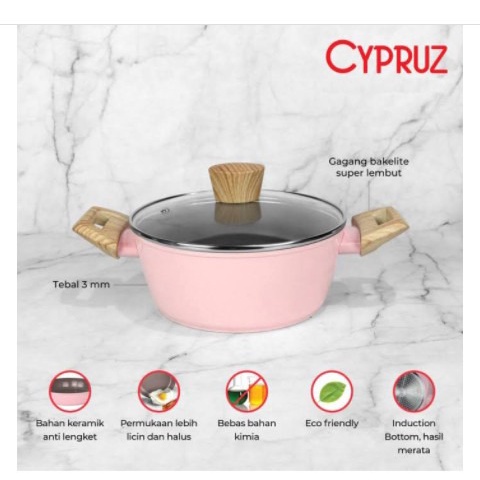 Cypruz PI-0800 Pink Ceramic Casserole Panci Tutup Kaca 20 cm Induksi