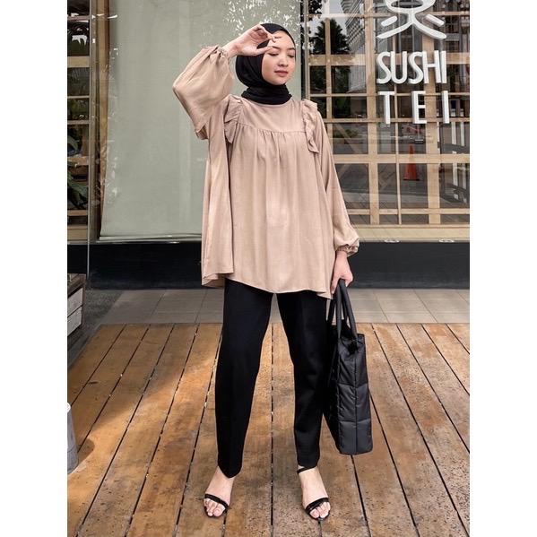 Tq88indonesia Fashion Baju Atasan Wanita Terbaru /  Biany Blouse Crincle Ruffle Oversize / Busana Casual Cewek / Ootd / Outfit