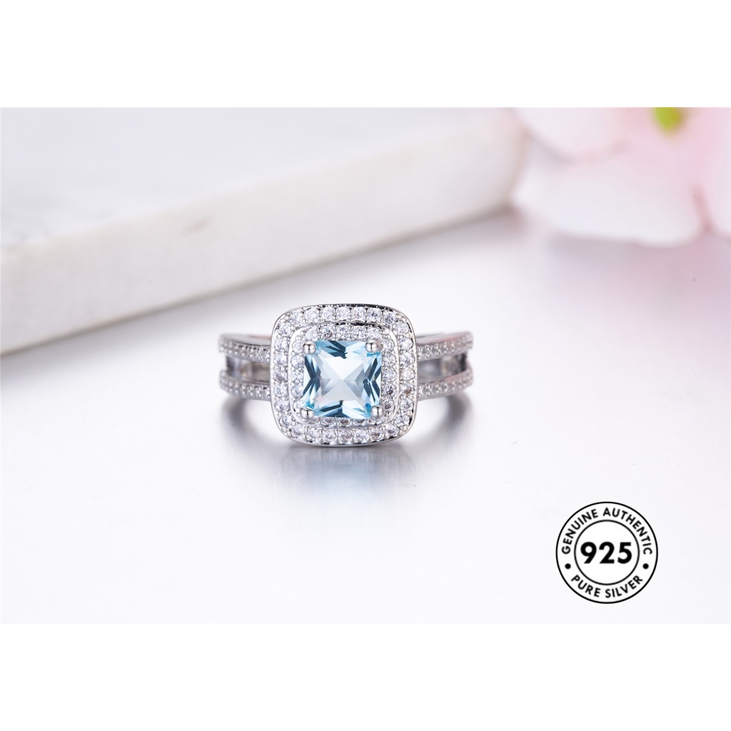 Cincin Silver S925 Hias Batu Permata Biru Laut Gaya Elegan Untuk Wanita