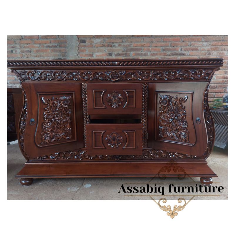 Bufet tv kayu jati ukir - bufet tv ukir biola - Meja tv ukir kayu jati mebel jepara