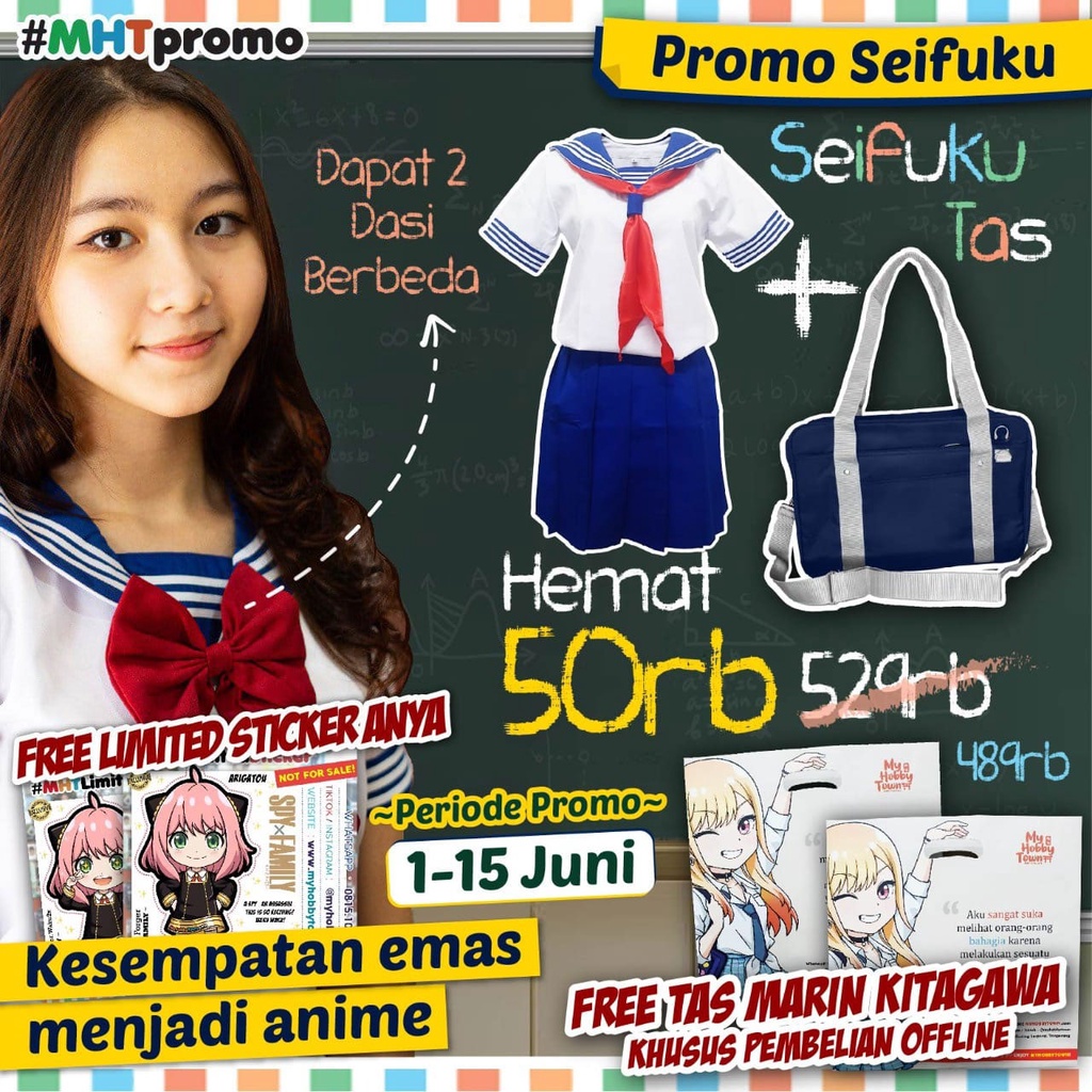 [PROMO] Seifuku Seragam Sekolah Jepang Putih Biru Dasi Merah + Tas