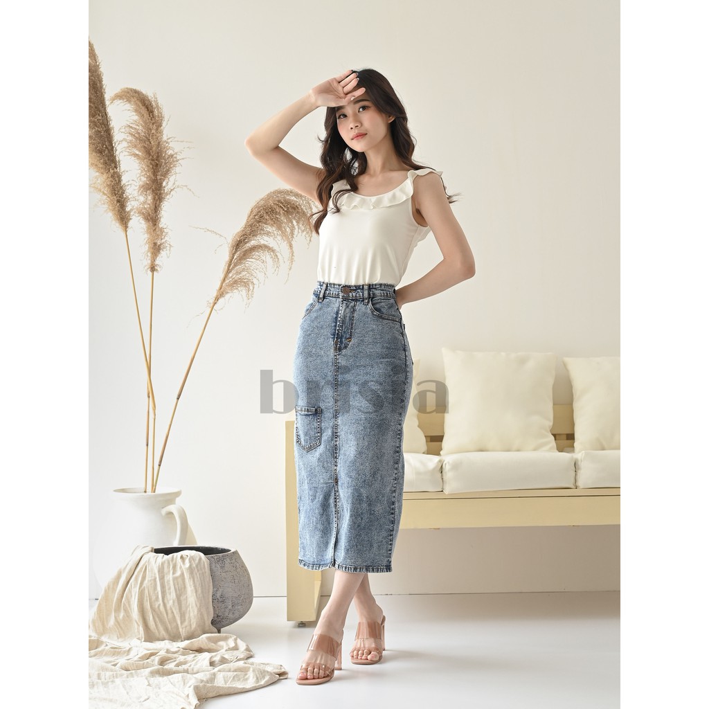 [SIZE 28-33] 4 WARNA - SYLVIA SKIRT JEANS / Rok Jeans Polos 7/8 Slit Depan Strech