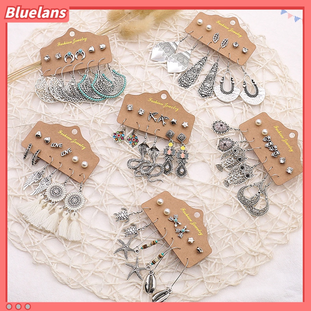 6 Pasang Anting Tusuk Gantung Desain Daun Hollow Bahan Alloy Gaya Etnik Untuk Wanita