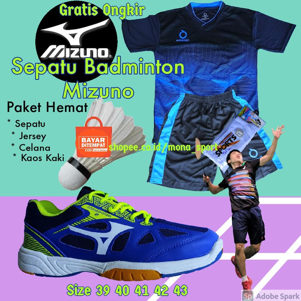 [KODE BARANG 9816] Sepatu Badminton Pria Mizuno Original Paket Sepatu Jersey Celana Kaos kaki