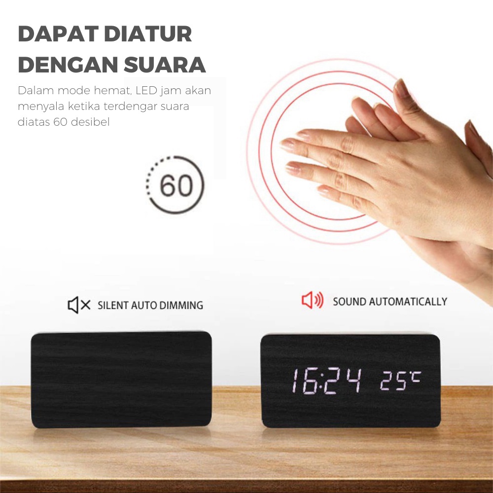 Jam Kayu / Jam Meja Kayu Digital Led / Digital Jam Led / Jam Estetik + SUHU / ESTETIK JAM WEKER / Jam Meja Digital Led Motif Kayu - Wooden Table Clock Voice Control