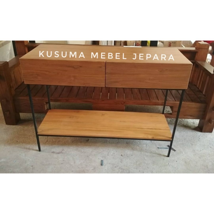 Meja Nakas Konsul Laci Industrial Natural Kayu Jati - Panjang 120cm