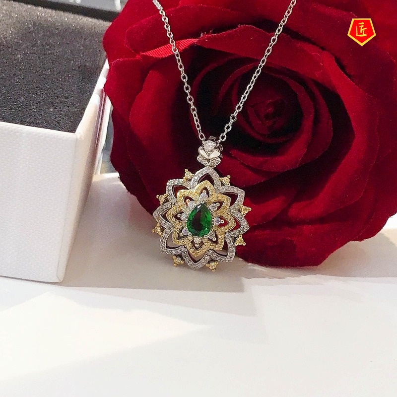 Lace Two-Color Emerald Pendant Luxury Micro-Inlaid High Carbon Diamond Necklace for Women