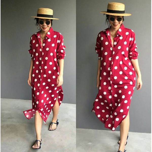 Pakaian Wanita f2sq 512 longdres gelio polrah tunik kemeja katun polkadot merah simple elegan