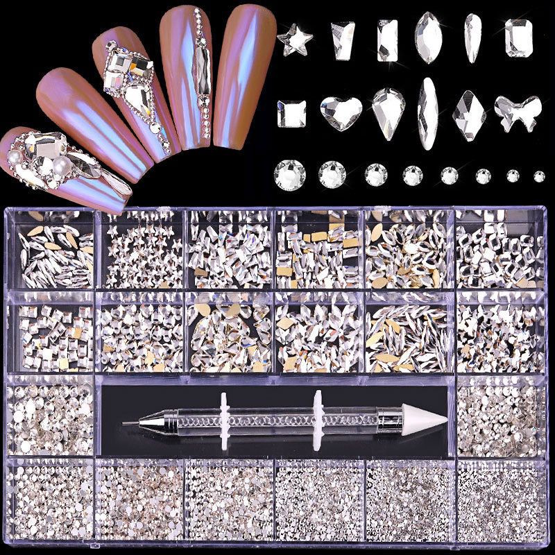 1 SET CRYSTAL CLEAR RHINESTONE MIX SHAPE PREMIUM QUALITY WITH PEN PICKER / NAIL CHARM HIASAN KUKU PREMIUM NAIL CHARM GRADE A