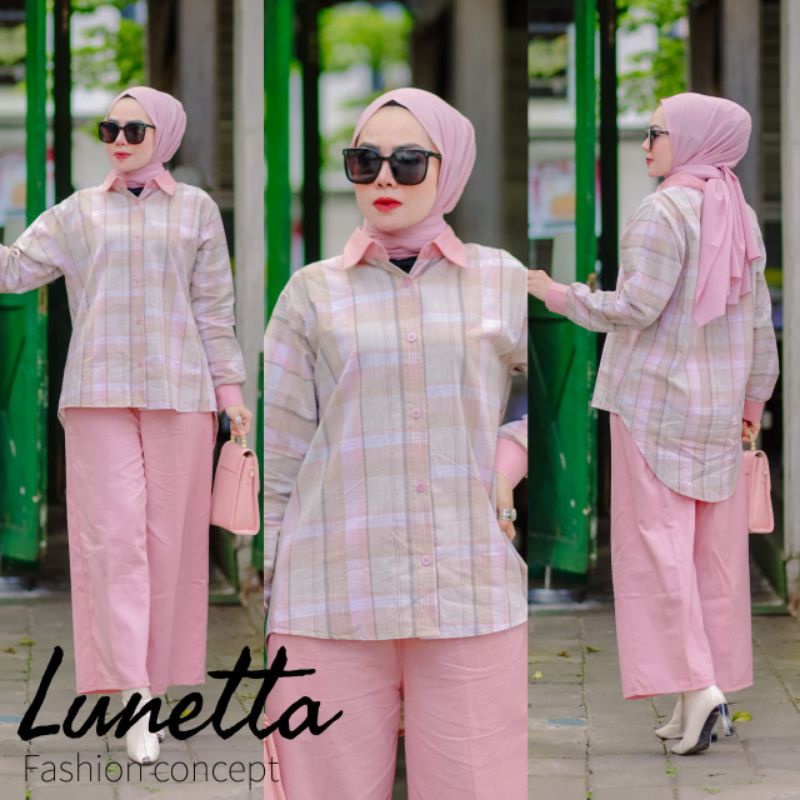 Setelan Lunetta Matt Katun triset aplikasi celana kulot katun linen