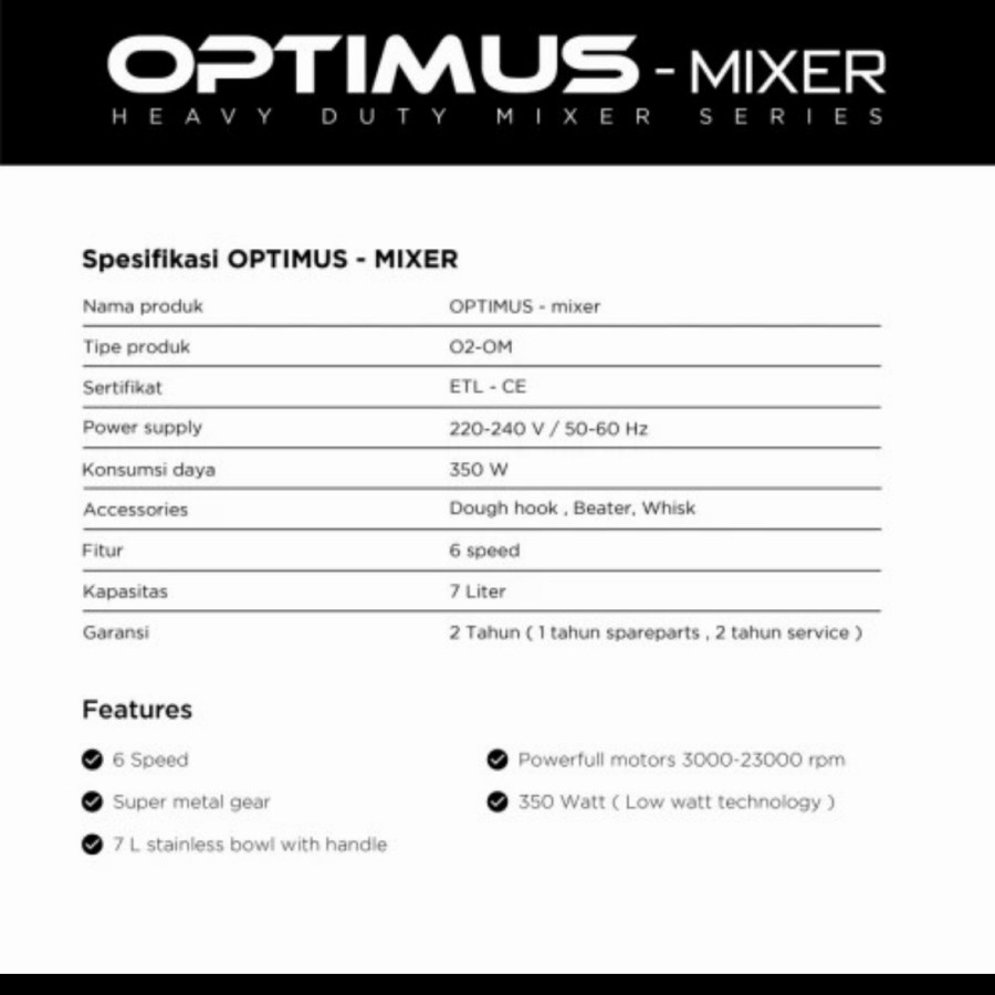 Stand Mixer Oxynic Optimus O2 OM / Mixer Optimus Oxynic 7Liter