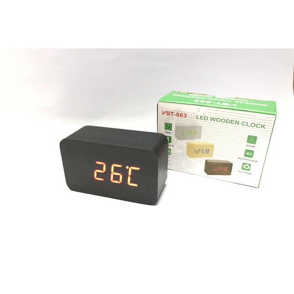 Jam Meja Digital Led Weker &amp; Digital Wood Alarm Clock 012 black red