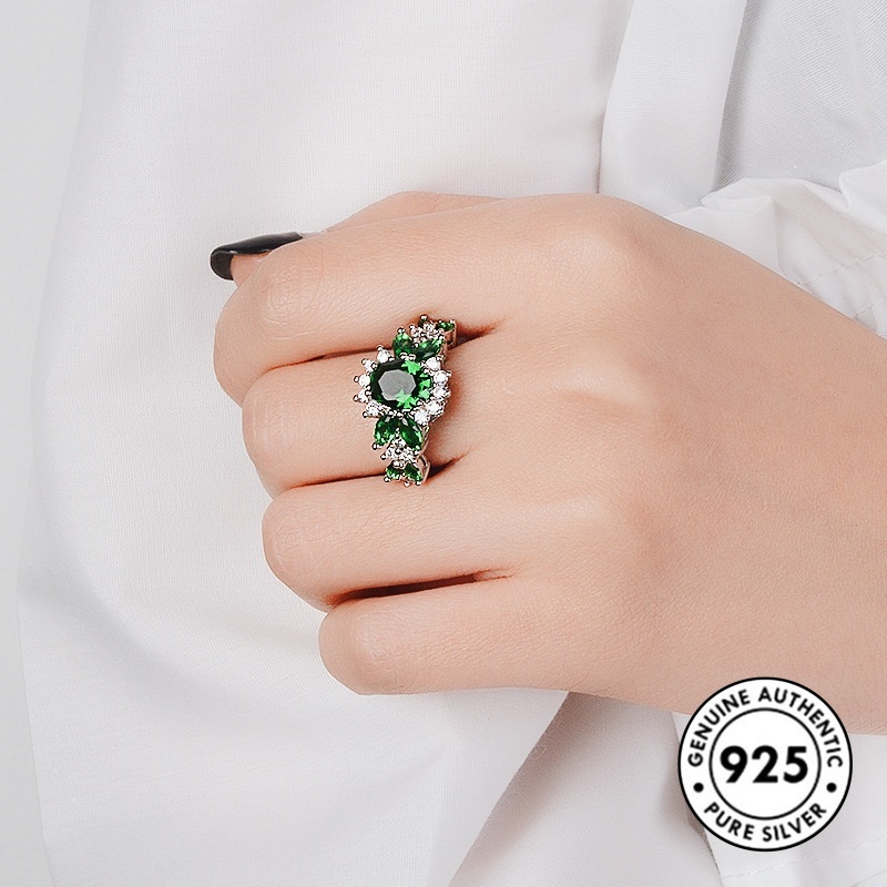 Cincin Sterling Silver 925 Dengan Batu Emerald Elegan Untuk Wanita