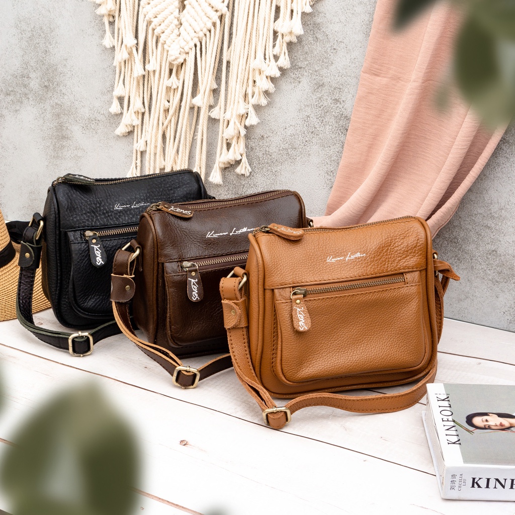 Kenes Leather Sling Bag Wanita Tas Selempang Kulit Asli IRISH Pullup - Free Gravir Nama