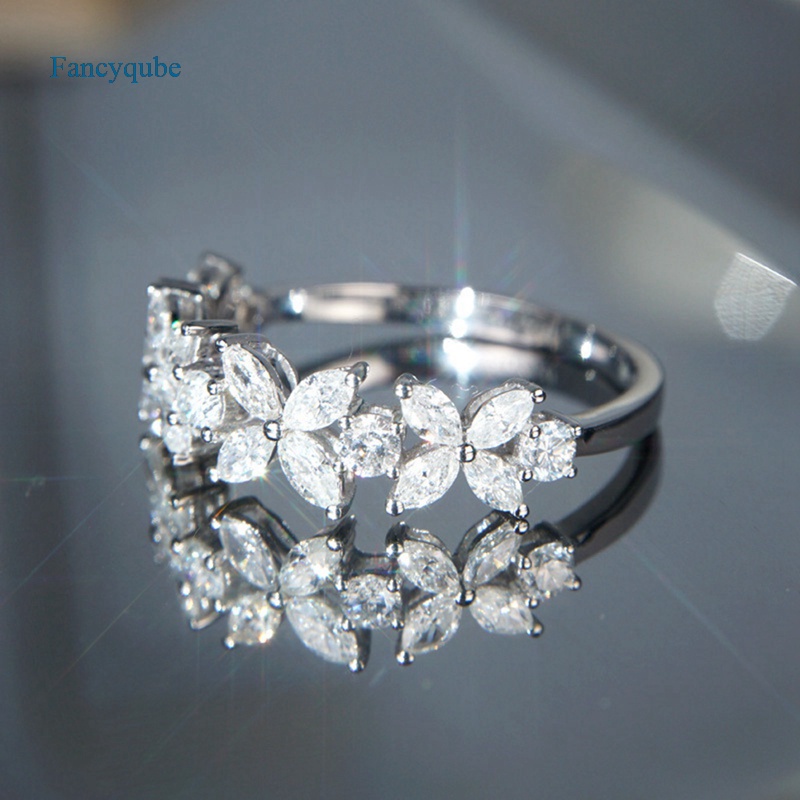 Fancyqube Cincin Wanita Desain Bunga Hias Cubic Zirconia Berkilau Untuk Pesta