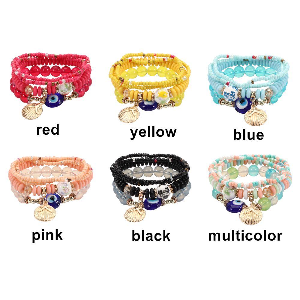 4pcs / set Gelang Multilayer Charm Kerang Mata Jahat Gaya Bohemia Untuk Hadiah