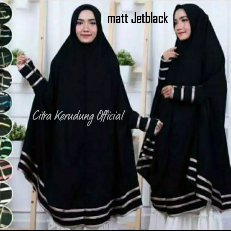 Hijab Syari Jetblack ABAYA Variasi Lis 3 baris Model Manset Zipper