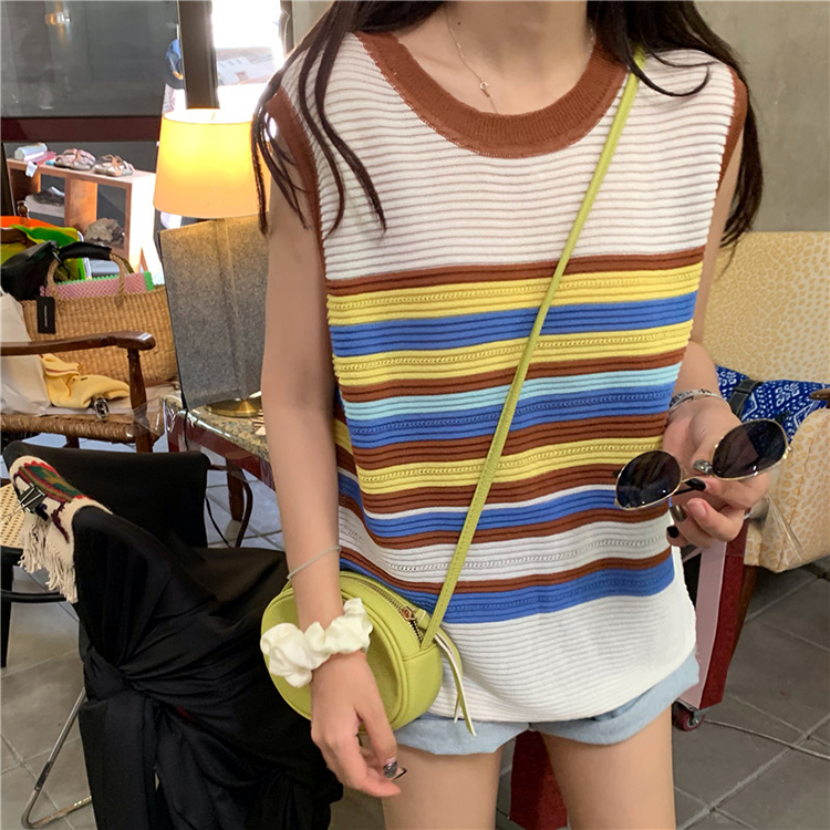 yikoo-Atasan lengan pendek rompi rajutan bergaris untuk wanita