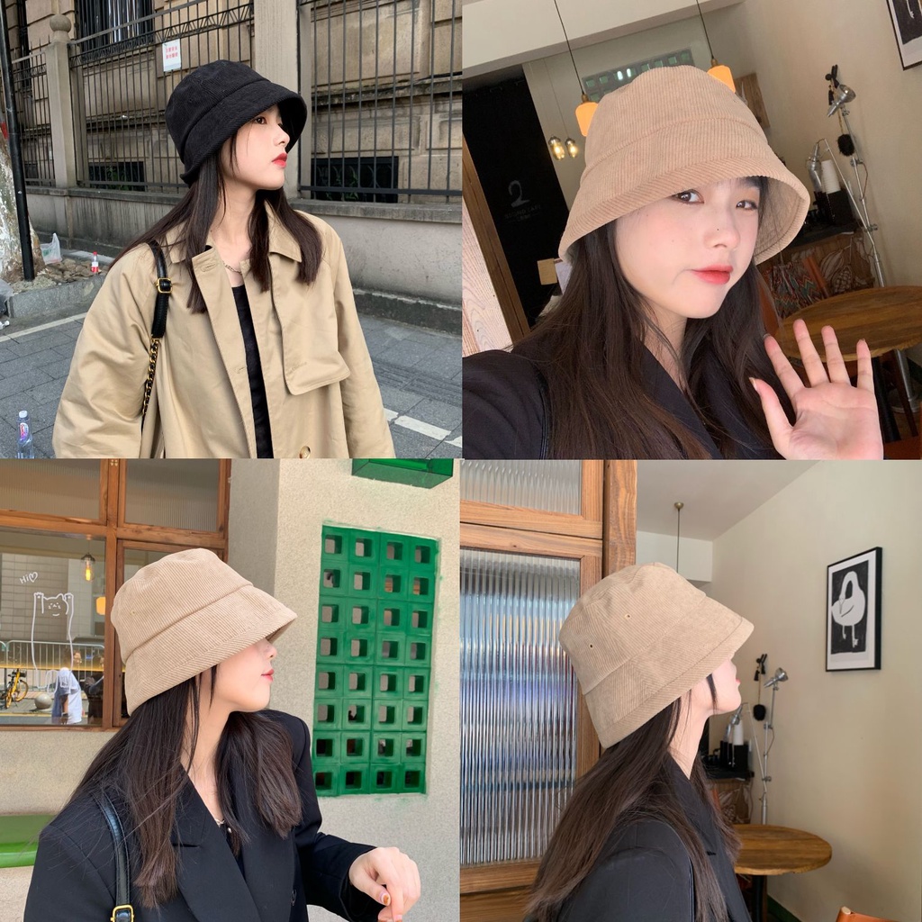 Topi Nelayan Bahan corduroy Warna Murni Gaya Korea Untuk Wanita