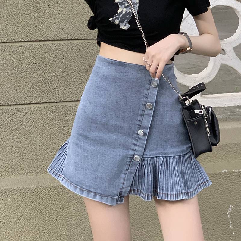 #Sisjuly# Ruffled Pinggang Tinggi Panas Gadis Denim Rok Wanita Anti Eksposur Lipit Group Rok Lengan Pendek Dua