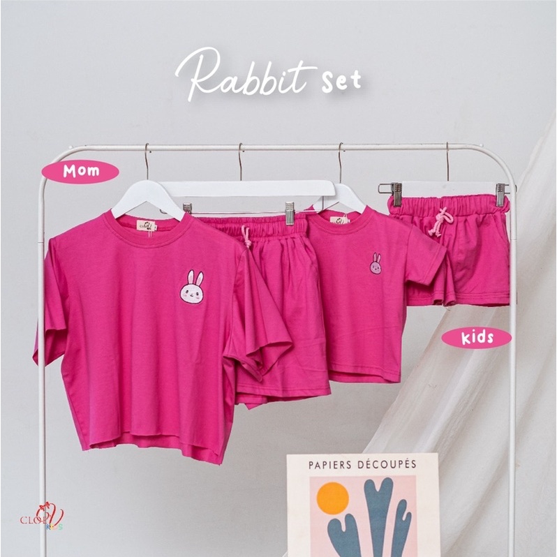 CLOEVKIDS - Setelan kaos dan celana pendek couple mom and kids - pinguin &amp; rabbit