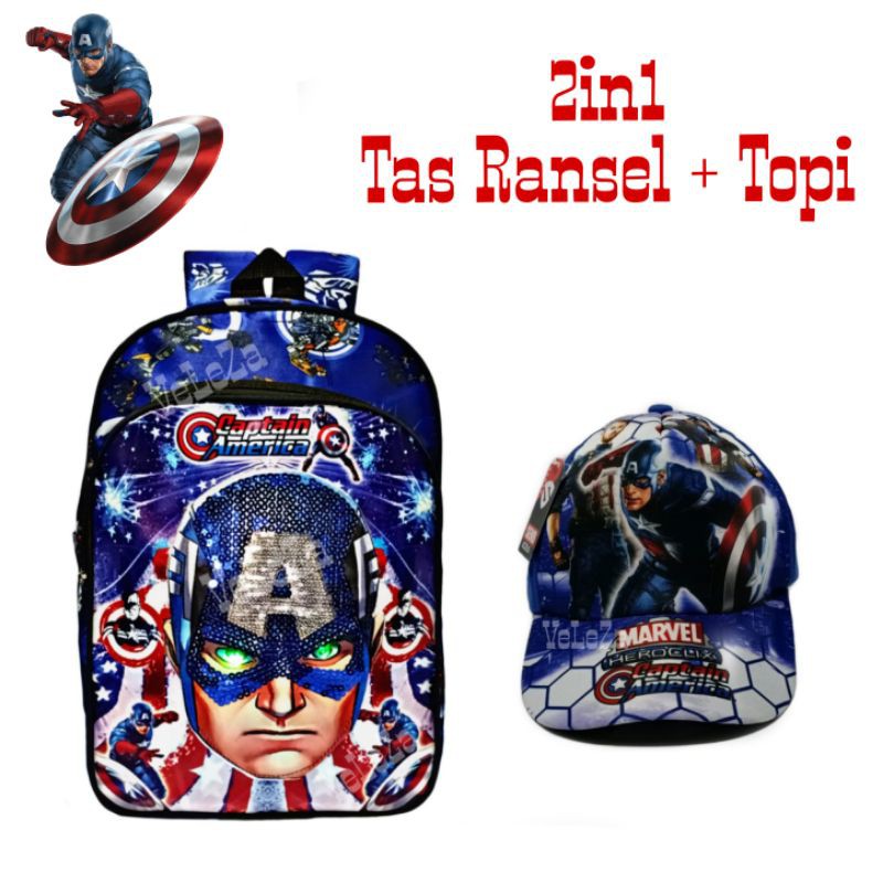 Tas Anak Laki-laki Karakter Captain America led mata nyala plus topi full print - Tas Anak