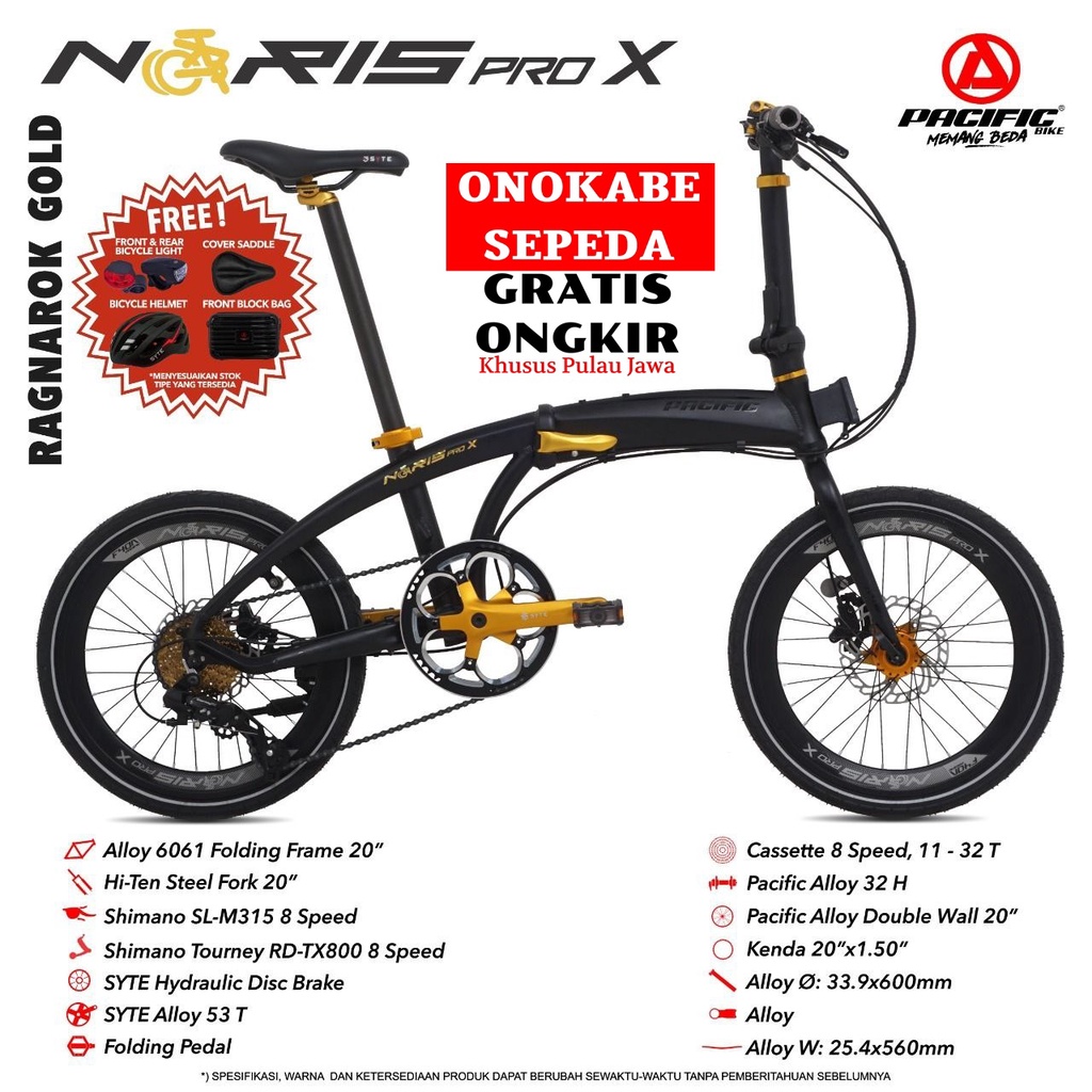 SEPEDA LIPAT 20 PACIFIC NORIS PRO X FREE LAMPU COVER SADEL HELM 2 TAS READY GOLD, RED
