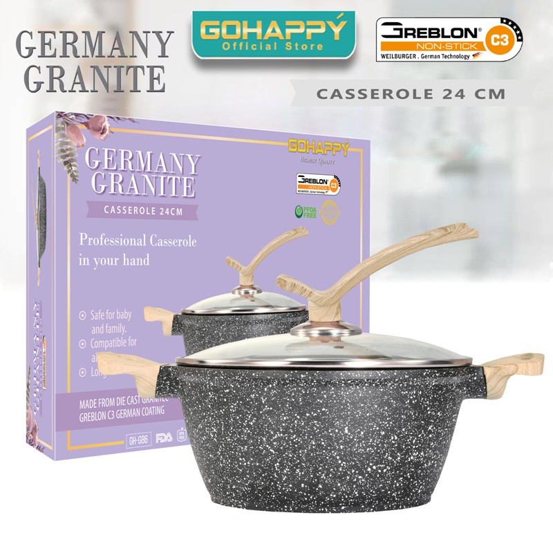 GERMANY GRANITE Casserole 24cm with glass lid GOHAPPY GHG86 Panci stock pot Greblon German Granit an