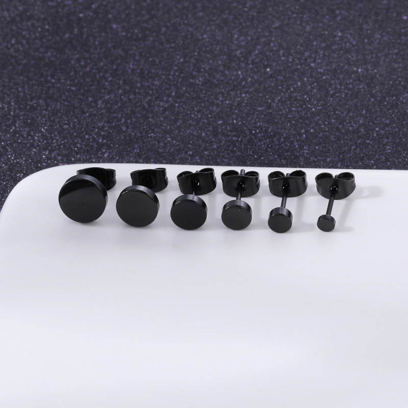 6 Pasang / Lot Anting Stud Bentuk Bulat Bahan Stainless Steel 20g Ukuran 3-8mm Warna Hitam Silver