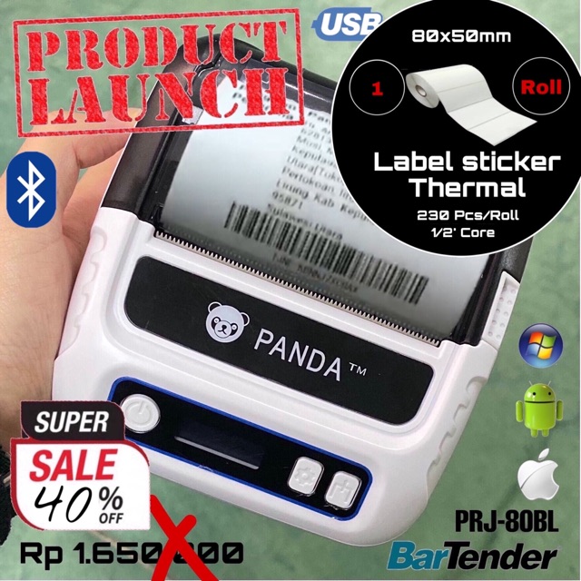 MOBILE LABEL/BARCODE STICKER PRINTER THERMAL PRJ-80BL BLUETOOTH /PENGIRIMAN SHOPEE u/ ANDROID/IOS