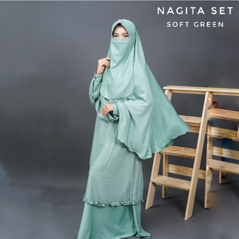 Afhadahijrah - Gamis syari jilbab cadar Nagita softgreen katun baju set hijab instan free niqab terb