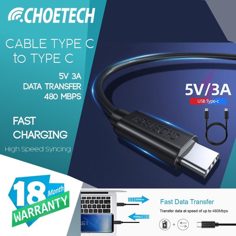 Kabel Usb Type c to type-c choetech charge data sync 3A 480Mbps 1m cable fast charging CC0002-10