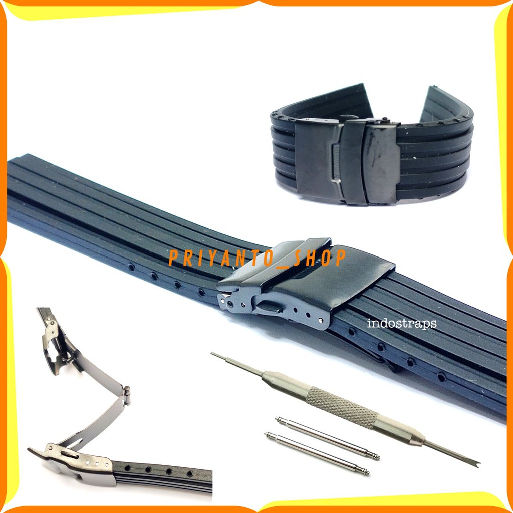 Tali Karet jam tangan 22mm Rubber Strap Watch Bend 22mm Black Bracelt bonus pen Remover