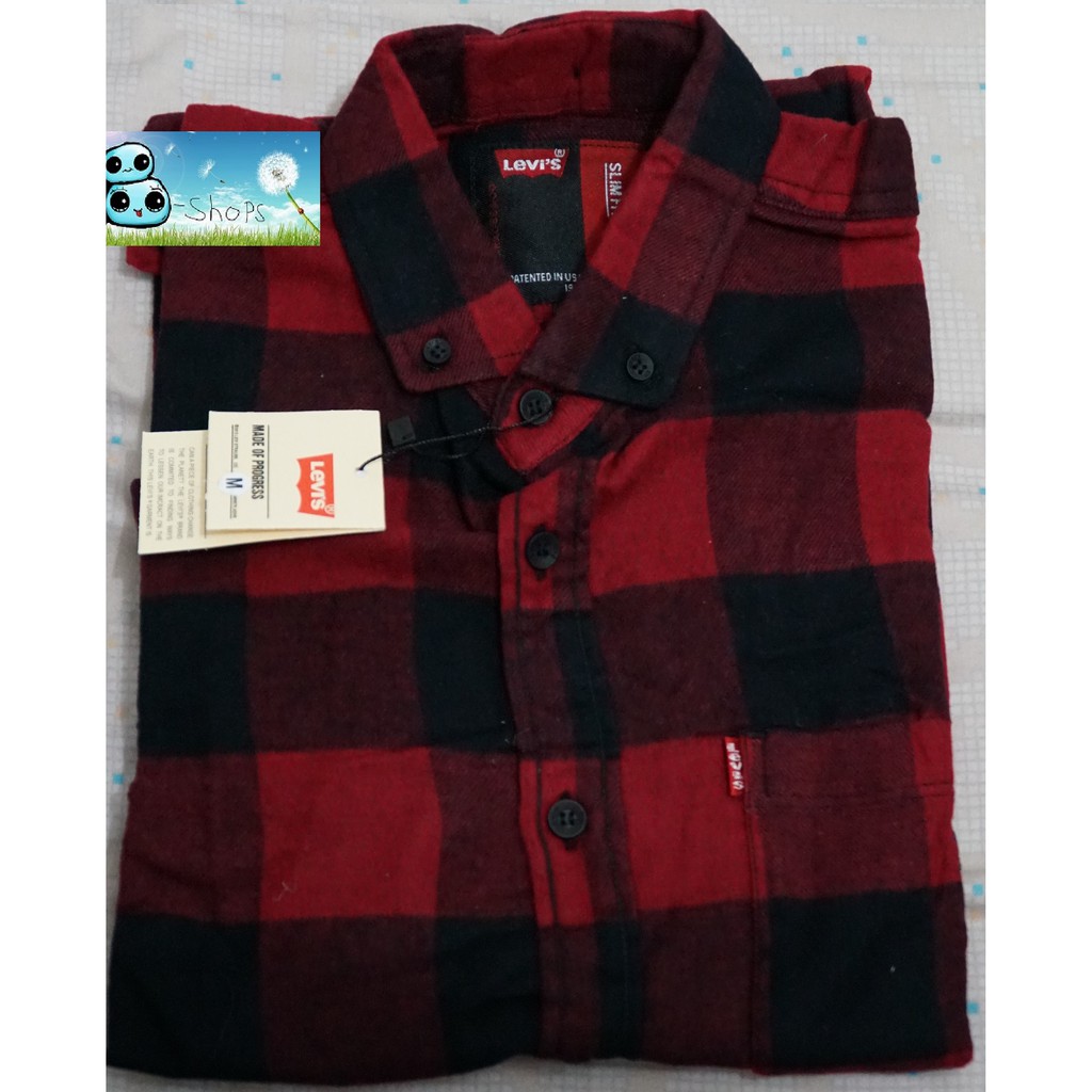 Kemeja Flanel Levis Motif Kotak besar merah hitam Pria Slimfit Lengan Panjang | Shopee Indonesia